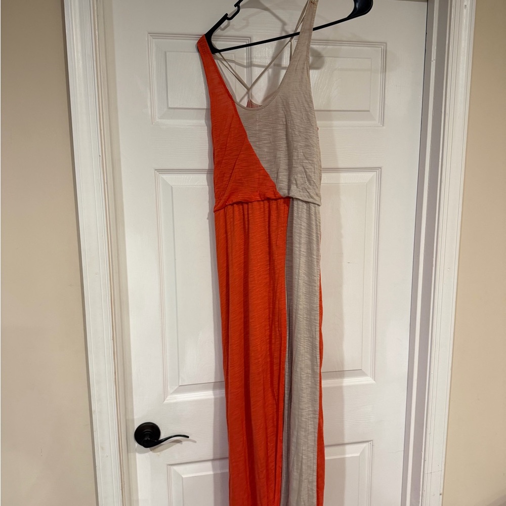 Two-Tone Orange and Beige Women's Maxi Dress